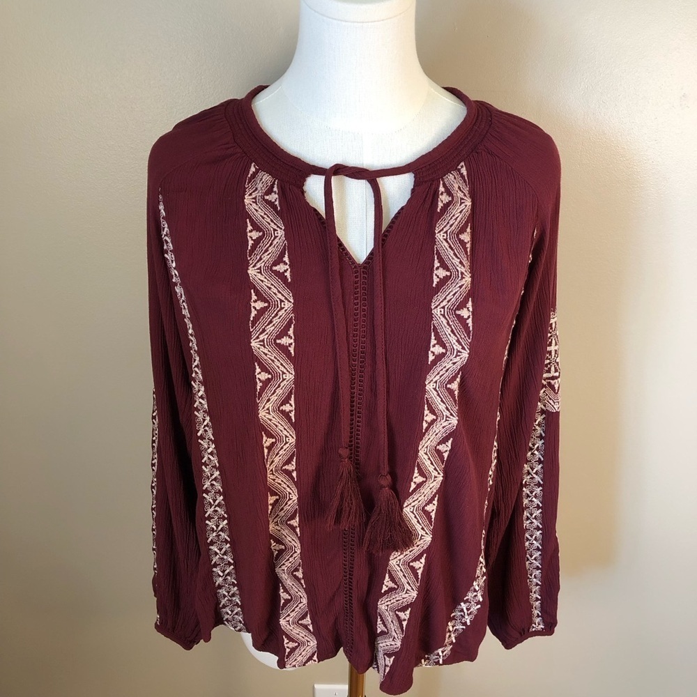 American Eagle Burgundy Bohemian Long Sleeve Embroidered Top Size XS